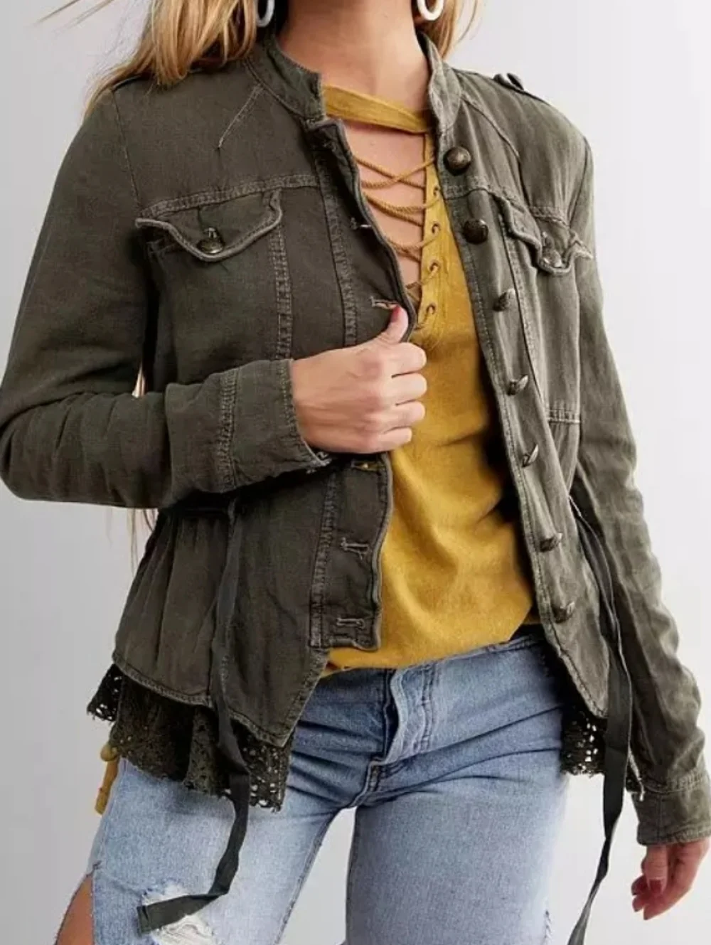 Free People• Emilia Military Utility Jacket with Lace Hem In Bitter Olive.Sz XS - Picture 3 of 16